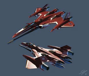 2011 3d canards dated east_coast_canuck energy_cannon flying gunpod highres macross macross_frontier mecha multiple_views n.u.n.s. realistic robot roundel science_fiction signature variable_fighter vehicle_focus vf-27