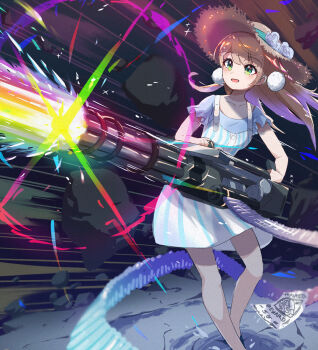 1girl alternate_costume beam beam_gun blonde_hair blue_dress blush chainsaw_grip collarbone commentary_request dress gatling_gun green_eyes gun hat highres holding holding_gun holding_weapon indie_virtual_youtuber long_hair m134_minigun open_mouth pom_pom_(clothes) rainbow shigure_ui_(vtuber) solo straw_hat striped_clothes striped_dress taiyo_sketches two-tone_dress vertical-striped_clothes vertical-striped_dress virtual_youtuber wanted_poster weapon white_dress