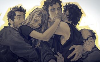 Rule 34 | 1girl, 3boys, arm around neck, balding, charlie kelly, closed eyes, closed mouth, commentary, deandra reynolds, dennis reynolds, english commentary, epseelutely, facial hair, father and daughter, father and son, frank reynolds, glasses, group hug, highres, hug, it's always sunny in philadelphia, long hair, long sleeves, looking at another, mac (always sunny), medium sideburns, multiple boys, mutual hug, parted hair, rectangular eyewear, shirt, short hair, siblings, sleeveless, sleeveless shirt, smile, twins, white background, wrinkled skin