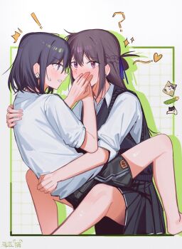 ! 2girls ? animal_ears barefoot black_hair black_shorts blue_skirt blush braid chibi commentary_request haidao_mao hair_between_eyes half_up_braid heart highres hug long_hair medium_hair miyagi_shiori multiple_girls on_lap purple_eyes rejected_kiss school_uniform sendai_hazuki shirt shorts shuuniichido_classmate_wo_kau_hanashi sidelocks sitting skirt white_shirt yuri