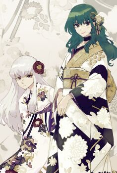 2girls alternate_costume commentary female_byleth_(fire_emblem) fire_emblem fire_emblem:_three_houses floral_print floral_print_kimono flower green_hair hair_flower hair_ornament highres japanese_clothes kimono long_hair looking_at_viewer lysithea_von_ordelia multiple_girls nintendo nutori_manga obi own_hands_together print_kimono sash smile white_hair
