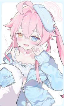 0202ase 1girl absurdres ahoge bloomers blue_archive blue_border blue_eyes blue_jacket blush border bra commentary frilled_bra frills hair_between_eyes hair_intakes halo heterochromia highres holding holding_pillow hoshino_(blue_archive) jacket jacket_partially_removed long_sleeves looking_at_viewer medium_hair open_mouth pillow pink_halo single_bare_shoulder sleep_mask sleeve_cuffs sleeves_past_fingers sleeves_past_wrists solo sweatdrop symbol-only_commentary translation_request twintails underwear white_background white_bloomers white_bra yellow_eyes zipper