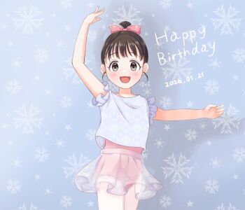 Rule 34 | 1girl, athletic leotard, bare arms, black hair, blush, bow, commentary request, dated, frilled sleeves, frills, fukuyama mai, hair bow, hair bun, happy, idolmaster, idolmaster cinderella girls, leotard, looking at viewer, pantyhose, pink bow, pink leotard, see-through clothes, see-through skirt, shirt, single hair bun, skirt, smile, snowflake background, solo, thighs, white pantyhose, white shirt, yuki ichigo15