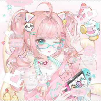 1girl ahoge animal_ears aqua_eyes bandaid bare_shoulders blue-framed_eyewear bow controller game_controller glasses guazike hair_bow hair_intakes hair_ornament hairclip heart holding jewelry long_hair looking_at_viewer nintendo_switch off_shoulder one_eye_closed original pink_hair pink_shirt sample_watermark shirt short_sleeves solo star_(symbol) stuffed_toy tongue tongue_out too_many_watermarks twintails upper_body v watermark