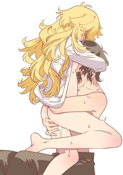 1boy 1girl andre_grandier blonde_hair bottomless breasts brown_hair brown_pants dress_shirt girl_on_top hetero highres long_hair medium_hair meremero naked_shirt open_clothes open_shirt oscar_francois_de_jarjayes pants shirt sideboob simple_background sketch small_breasts versailles_no_bara very_long_hair white_background white_shirt