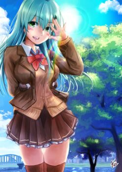 1girl aqua_hair blush bow bowtie breasts brown_jacket brown_skirt cardigan day hair_ornament hairclip highres jacket kantai_collection large_breasts long_hair looking_at_viewer mizuya_chiharu open_mouth outdoors pleated_skirt school_uniform shirt skirt solo sunlight suzuya_(kancolle) suzuya_kai_ni_(kancolle) thighhighs tree white_shirt