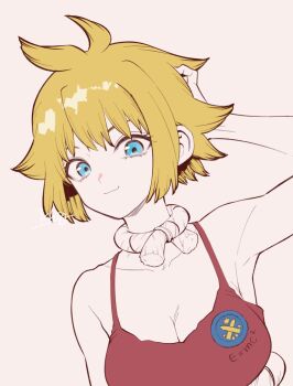 1girl arm_up armpits badge bare_shoulders blonde_hair blue_eyes breasts camisole cleavage closed_mouth collarbone dr._stone hand_on_own_head kohaku_(dr._stone) large_breasts looking_at_viewer ninomae_gin red_tank_top rope shimenawa short_hair signature smile solo tank_top upper_body