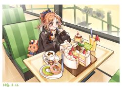 Rule 34 | 1girl, :t, arknights, birthday cake, blush, booth seating, border, brown eyes, brown jacket, cake, closed mouth, coffee cup, collared jacket, cup, dated, diamond-shaped pupils, diamond (shape), disposable cup, doughnut, drink, drinking straw, eating, feather hair, food, fumi (fyvr2372), happy birthday, highres, holding utensil, indoors, jacket, long hair, long sleeves, looking ahead, metal crab (arknights), orange hair, parted bangs, pinecone (arknights), ponytail, restaurant, saucer, sidelocks, sign, smile, solo, sparkle, stuffed animal, stuffed rabbit, stuffed toy, sweater, symbol-shaped pupils, table, turtleneck, turtleneck sweater, upper body, white border, window, yellow sweater