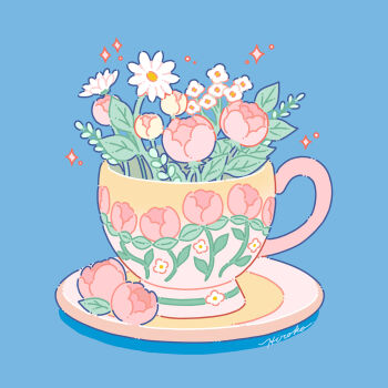 Rule 34 | absurdres, blue background, commentary, cup, flower, flower focus, highres, hiro046k, leaf, no humans, original, pink flower, saucer, signature, simple background, sparkle, teacup, white flower
