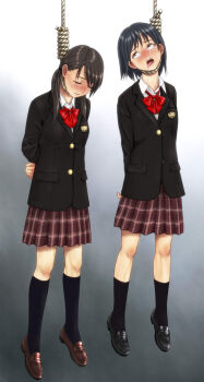2girls blush death execution female_focus full_body g2_(g2_ysmsg) hanged highres legs loafers multiple_girls noose original peeing peeing_self peeing_together revision rolling_eyes school_uniform shoes skirt socks tears