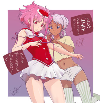 2girls bindi blue_eyes braid dark-skinned_female dark_skin facial_mark forehead_mark green_hair gundam gundam_g_no_reconguista hat highres looking_down midriff miniskirt multiple_girls noredo_nug pink_eyes pink_hair raraiya_monday rei_no_himo ribbed_legwear ribbon short_hair short_shorts shorts skirt speech_bubble sweatdrop thighhighs translation_request twin_braids tying umeno_ryuuji