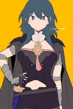 1girl armor belt black_armor black_belt black_cape black_shorts blue_eyes blue_hair breasts cape do_m_kaeru female_byleth_(fire_emblem) fire_emblem fire_emblem:_three_houses hair_between_eyes hand_on_own_hip long_hair looking_at_viewer medium_breasts navel nintendo shorts simple_background solo twitter_username yellow_background