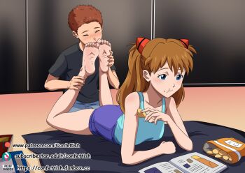 1boy 1girl barefoot blue_eyes chips_(food) confettish eating feet feet_together feet_up femdom food foot_worship hair_ornament ignoring licking licking_foot licking_toes lying magazine_(object) neon_genesis_evangelion on_stomach orange_hair reading resting short_shorts shorts soles souryuu_asuka_langley tank_top the_pose toes tsundere