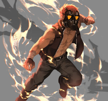 1boy abs arm_up bandaged_wrist bandages black_jacket black_mask black_pants black_shoes brown_hair commentary english_commentary full_body gas_mask grey_background hood hood_down hooded_jacket imminent_attack imminent_punch jacket lydialing_draws male_focus mask muscular muscular_male open_clothes open_jacket original pants pectorals shoes short_hair solo