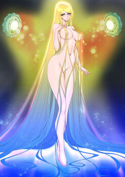 Rule 34 | 1girl, absurdly long hair, barefoot, blonde hair, blue eyes, breasts, completely nude, full body, gradient hair, convenient hair, hair over breasts, large breasts, long hair, looking at viewer, multicolored hair, navel, nude, teresa (uchuu senkan yamato), uchuu senkan yamato, very long hair, yuri ai