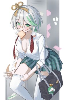 1girl absurdres adjusting_clothes adjusting_legwear almonxtea alternate_breast_size_(larger) bag bread bread_slice breasts cecilia_immergreen colored_inner_hair doll_joints food food_in_mouth green_eyes grey_hair highres hololive hololive_english joints locker looking_at_viewer mouth_hold multicolored_hair necktie otomo_(cecilia_immergreen) pleated_skirt round_eyewear school_bag shirt skirt small_breasts thighhighs toast toast_in_mouth virtual_youtuber white_shirt white_thighhighs winding_key