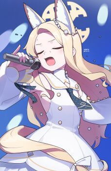 1girl absurdres animal_ear_fluff animal_ears armpits black_necktie blonde_hair blue_archive blue_background bow buttons closed_eyes collarbone commentary_request cowboy_shot detached_sleeves dress extra_ears flower fox_ears fox_girl fox_tail hair_flower hair_ornament halo highres holding holding_microphone karaoke long_hair long_sleeves looking_at_viewer microphone music necktie parted_bangs ribbon sailor_collar sailor_dress school_uniform seia_(blue_archive) sidelocks simple_background singing solo spotlight tail tail_bow tail_ornament tail_ribbon turtleneck ujuro white_sailor_collar wide_sleeves wireless_microphone yellow_halo