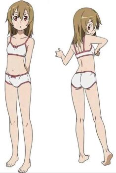 1girl arms_behind_back ass ass_focus ayano_keiko bare_legs bare_shoulders barefoot bra breasts brown_hair cleavage collarbone dot_nose edging_bra edging_panties edging_underwear feet female_focus flat_chest from_behind legs looking_at_viewer medium_breasts midriff navel official_art open_mouth panties red_eyes reference_sheet ribbed_panties silica simple_background sleeveless solo solo_focus stomach sword_art_online thighs toes training_bra underwear white_background white_bra white_panties