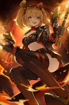 Rule 34 | 1girl, absurdres, black footwear, black gloves, black jacket, black skirt, black thighhighs, blonde hair, burnice white, dual wielding, eyewear on head, fingerless gloves, fire, flamethrower, gloves, hair between eyes, highres, holding, holding flamethrower, holding weapon, jacket, long hair, looking at viewer, nerita (neritarine), open clothes, open jacket, open mouth, red-tinted eyewear, red eyes, sidelocks, skirt, smile, solo, sunglasses, teeth, thighhighs, tinted eyewear, upper teeth only, weapon, zenless zone zero