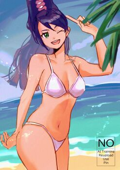 1girl :d ace_attorney ace_attorney_investigations beach bikini black_hair breasts cleavage collarbone green_eyes halterneck highres horizon index_finger_raised kay_faraday long_hair navel one_eye_closed open_mouth outdoors rat_nkmi small_breasts smile solo standing swimsuit teeth upper_teeth_only water watermark white_bikini
