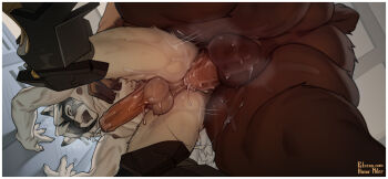 2boys abs anal animal_ears anus artist_name ass bara bear_boy bear_tail ben_bigger bent_over biceps brown_fur claws commentary doggystyle english_commentary erection eyepatch fat fat_man flying_sweatdrops foreskin furry furry_male highres hinar_miler locker locker_room looking_down male_focus mechanical_legs multiple_boys muscular muscular_male nipples one_eye_covered open_mouth patreon_username pectorals penis precum sex sex_from_behind tail testicles von_lycaon white_fur wolf_boy wolf_ears yaoi zenless_zone_zero