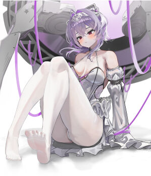 1girl absurdres ahoge bare_shoulders blush breasts cleavage collar detached_sleeves frills full_body goddess_of_victory:_nikke hair_between_eyes hair_intakes hairband headgear highres leotard liberalio_(nikke) looking_down machine pantyhose purple_hair red_eyes short_hair_with_long_locks sitting sleeves_past_fingers sleeves_past_wrists small_breasts solo spread_toes toes twintails white_background white_collar white_leotard white_pantyhose white_sleeves wire ye_yue