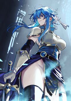 1girl absurdres ahoge armor belt blue_hair blue_tunic breastplate brooch commentary_request commission commissioner_upload earrings elbow_gloves erupusai2 fire_emblem fire_emblem:_genealogy_of_the_holy_war from_below gloves headband highres holding holding_sword holding_weapon indoors jewelry looking_ahead looking_to_the_side nintendo no_panties original pelvic_curtain popped_collar purple_eyes sash selia_(mrtalkingdino) shoulder_armor sidelocks skeb_commission sleeveless smile solo sword thighhighs tomboy tunic weapon white_headband