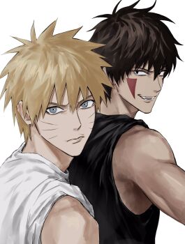 2boys black_eyes black_tank_top blonde_hair blue_eyes brown_hair closed_mouth facial_mark highres inuzuka_kiba looking_at_viewer male_focus multiple_boys naruto_(series) shirt short_hair simple_background sleeves_pushed_up sso_s tank_top teeth upper_body uzumaki_naruto whisker_markings white_background white_shirt