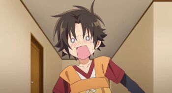 1boy 1girl animated animated_gif blurry blurry_foreground blush bouncing_breasts breasts breasts_out brown_hair cleavage coat covering_own_eyes embarrassed green_hair large_breasts looking_at_breasts megami-ryou_no_ryoubo-kun nagumo_koushi nipples no_bra open_clothes open_coat open_mouth screencap view_between_breasts wachi_mineru wardrobe_malfunction