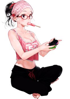 1girl breasts brown_eyes brown_hair camisole cleavage collarbone controller feet food glasses groin highres ice_cream kanojo_okarishimasu large_breasts miyajima_reiji mizuhara_chizuru navel official_art pink_camisole simple_background sitting sleeveless stomach white_background