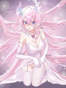 1girl bare_shoulders breasts cleavage commentary cyrene_(honkai:_star_rail) cyrene_(ripples_of_past_reverie)_(honkai:_star_rail) elbow_gloves english_commentary flower garter_straps gloves hair_flower hair_ornament highres honkai:_star_rail honkai_(series) jewelry kneeling large_breasts long_hair multicolored_hair necklace nudolky pearl_necklace pink_hair solo thighhighs twitter_username two-tone_hair very_long_hair white_garter_straps white_gloves white_hair white_thighhighs