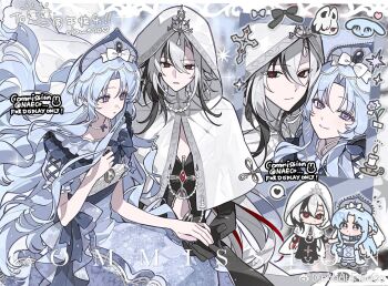 blue_hair character_request closed_mouth commentary_request copyright_request dress evodtonaeco gloves grey_hair hair_between_eyes hood hood_up long_hair looking_at_viewer multiple_girls open_mouth red_eyes tagme very_long_hair