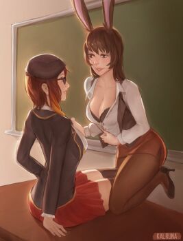 2girls absurdres animal_ears beret black_bra bra brown_hair coco_adel glasses hat high_heels highres kalruna multiple_girls pantyhose rabbit_ears red_skirt rwby skirt sunglasses underwear velvet_scarlatina yuri