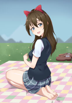 1girl absurdres barefoot blue_eyes blush bow brown_hair feet hair_bow highres loafers long_hair looking_at_viewer love_live! love_live!_nijigasaki_high_school_idol_club open_mouth osaka_shizuku picnic_blanket seiza shoes sitting socks soles steam toes unworn_shoes unworn_socks yzlkun