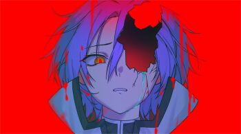 1boy 2994937492974a absurdres blood blue_hair cracked_skin eye_reflection hair_between_eyes high_collar highres julius_juukulius looking_at_viewer male_focus multicolored_eyes parted_bangs parted_lips portrait purple_hair re:zero_kara_hajimeru_isekai_seikatsu red_background red_eyes red_pupils reflection short_hair solo