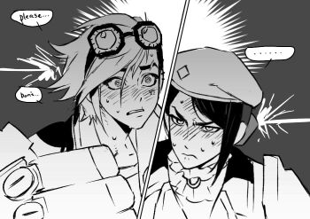 ... 2girls @_@ arcane:_league_of_legends arcane_caitlyn arcane_vi asymmetrical_bangs beret blush caitlyn_(league_of_legends) closed_mouth constricted_pupils embarrassed english_text goggles goggles_on_head greyscale hat league_of_legends monochrome multiple_girls nose_blush parted_lips short_hair speech_bubble split_screen spoken_ellipsis sumooo_(ga_ilil) surprised upper_body v-shaped_eyebrows vi_(league_of_legends) yuri