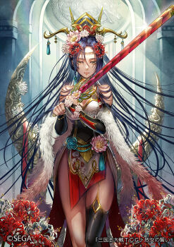 1girl asymmetrical_clothes bare_shoulders black_hair breasts cleavage cowboy_shot crescent earrings expressionless female_focus flower holding holding_sword holding_weapon jewelry large_breasts lips lisp long_hair official_art poshii_(posy) sangokushi_taisen single_thighhigh solo sword thighhighs very_long_hair weapon