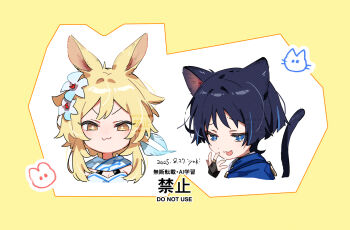 1boy 1girl :3 animal_ears black_bridal_gauntlets black_hair blonde_hair blue_cape blue_eyes blue_feathers blue_flower blue_trim blunt_ends border breasts bridal_gauntlets bright_pupils cape cat_boy cat_tail cleavage cropped_torso dated eyeliner eyeshadow feather_hair_ornament feathers flower genshin_impact gold_ring hair_flower hair_ornament half-closed_eyes halterneck hand_up highres hoht_yeah looking_at_viewer lumine_(genshin_impact) makeup middle_ring multicolored_flower open_hand rabbit_ears rabbit_girl raised_eyebrow red_eyeliner red_eyeshadow scaramouche_(genshin_impact) scarf short_hair short_hair_with_long_locks sidelocks smug tail v-shaped_eyebrows wanderer_(genshin_impact) watermark white_background white_flower white_pupils white_scarf wispy_bangs yellow_border yellow_eyes