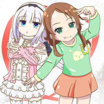 2girls blue_eyes brown_hair chestnut_mouth child closed_mouth commentary_request dress green_eyes green_shirt highres kakeru_eyes kanna_kamui kobayashi-san_chi_no_maidragon long_hair long_sleeves multiple_girls open_mouth orange_skirt purple_hair saikawa_riko shirt skirt smile thighhighs tongue tongue_out white_thighhighs
