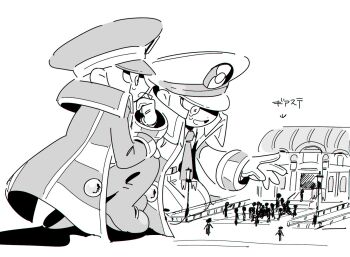 Rule 34 | 2boys, brothers, coat, collared coat, commentary request, doll house, emmet (pokemon), greyscale, hat, highres, ingo (pokemon), kari (user grrs8577), kneeling, male focus, monochrome, multiple boys, necktie, nintendo, open mouth, outstretched arm, pants, peaked cap, pokemon, pokemon bw, short hair, siblings, squatting, translation request, twins