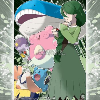 Rule 34 | > <, arms up, artist name, blissey, braid, brown sweater, cheryl (pokemon), closed eyes, commentary, company name, copyright notice, drifblim, egg, english commentary, from side, gen 2 pokemon, gen 3 pokemon, gen 4 pokemon, green eyes, green hair, green skirt, hair over shoulder, hariyama, highres, holding, holding poke ball, instagram username, jacket, long hair, long skirt, long sleeves, merchandise available, nintendo, official style, open clothes, open jacket, open mouth, outline, poke ball, poke ball (basic), pokemon, pokemon (creature), pokemon dppt, red eyes, red lips, single braid, skirt, smile, solid oval eyes, sweater, teeth, tom higgins, upper teeth only, wailord, watermark, white outline, wobbuffet