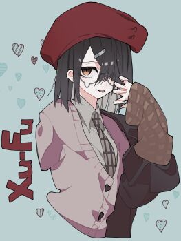 1girl beret black_hair black_jacket brown_eyes brown_necktie buttons checkered_clothes claw_pose commentary_request cropped_torso fate/grand_order fate_(series) glasses green_background grey_shirt hair_ornament hair_over_one_eye hairclip hand_up hat heart heart_button highres jacket kiga_salt long_sleeves looking_at_viewer necktie pink_sweater red_hat shirt slit_pupils smile solo sweater teardrop-framed_glasses tongue tongue_out wing_collar xu_fu_(fate)