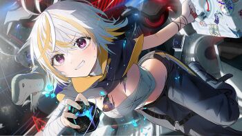 ! 1girl animal antenna_hair arrow_(symbol) bandaged_arm bandaged_neck bandages belt black_belt black_capelet black_pants blonde_hair breasts capelet cleavage close-up commission crop_top cross-laced_clothes cross-laced_top energy fingernails foot_out_of_frame foot_up grey_hair grey_tube_top hair_between_eyes highres hiiragi_mikoto holding indie_virtual_youtuber komodo_dragon light_blush light_particles looking_ahead medium_breasts multicolored_hair navel pants paper_texture purple_eyes scar scar_on_breasts scar_on_chest short_hair skeb_commission solo sticker strapless streaked_hair sunny_splosion sunny_splosion_(1st_costume) sweatdrop triangle tube_top two-sided_capelet two-sided_fabric two-tone_hair virtual_youtuber yellow_capelet