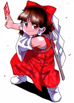 1girl between_fingers blush_stickers bow brown_eyes brown_hair chest_sarashi detached_sleeves full_body gohei hair_bow hair_tubes hakurei_reimu highres holding inuyama_konan looking_to_the_side medium_hair ofuda ofuda_between_fingers red_bow red_shirt red_skirt sarashi shide shirt shoes simple_background skirt sleeveless sleeveless_shirt smile solo touhou white_background white_shoes white_sleeves