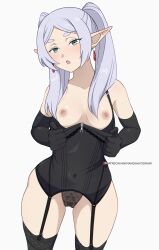 Rule 34 | 1girl, animanghayo, black gloves, black thighhighs, breasts, commentary, covered navel, cowboy shot, earrings, elbow gloves, elf, frieren, garter straps, gloves, green eyes, grey hair, highres, jewelry, lingerie, nipples, open mouth, patreon username, pointy ears, shirt tug, small breasts, solo, sousou no frieren, thick eyebrows, thighhighs, thighs, twintails, underwear, wide hips