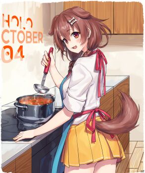 Rule 34 | 1girl, absurdres, animal ears, apron, artist name, blue apron, bone hair ornament, braid, braided twintails, breasts, brown eyes, brown hair, clothing cutout, commentary request, cooking pot, cowboy shot, dated, dog ears, dog girl, dog tail, double-parted bangs, extra ears, from behind, from side, hair between eyes, hair ornament, hairclip, highres, holding, holding ladle, hololive, indoors, inugami korone, kitchen, ladle, long hair, long sleeves, looking at viewer, low twin braids, low twintails, medium breasts, miniskirt, nail polish, open mouth, parallel hairclips, pleated skirt, raised eyebrows, shirt, signature, skirt, sleeves rolled up, smile, solo, stove, tail, tail through clothes, traveler (artbbt), twin braids, twintails, virtual youtuber, white shirt, yellow nails, yellow skirt