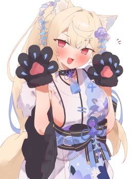 Rule 34 | 1girl, absurdres, animal ear fluff, animal ears, animal hands, black collar, blonde hair, blue kimono, blue streaks, blush, breasts, check commentary, collar, commentary, commentary request, dog ears, dog girl, dog paws, dog tail, floral print, floral print kimono, flower, fuwawa abyssgard, fuwawa abyssgard (new year), hair flower, hair ornament, highres, hololive, hololive english, japanese clothes, kimono, large breasts, long hair, looking at viewer, multicolored hair, notice lines, official alternate costume, official alternate hairstyle, open mouth, ponytail, print kimono, red eyes, sideboob, simple background, solo, spiked collar, spikes, streaked hair, tail, tepenchi, virtual youtuber, white background