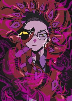 1boy :/ black_hair closed_mouth collared_shirt commentary_request corbeau_(pokemon) dot_nose dustbox1028 gen_5_pokemon glasses highres looking_at_viewer male_focus nintendo parted_hair pokemon pokemon_(creature) pokemon_legends:_z-a purple_shirt round_eyewear scolipede shirt short_hair slit_pupils tassel yellow_eyes