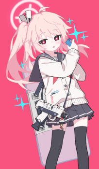 1girl ahoge black_sailor_collar blue_archive cardigan cellphone drink_carton gun halo holding holding_drink_carton holding_milk_carton long_sleeves looking_at_viewer lurenjia micro_uzi milk_carton miniskirt natsu_(blue_archive) neckerchief open_mouth phone pink_hair pleated_skirt red_eyes red_neckerchief riot_shield sailor_collar shield side_ponytail simple_background skirt sleeves_past_wrists smartphone solo sparkle submachine_gun thighhighs weapon white_cardigan
