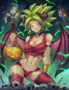 abs armband artist_name aura basket bat_(animal) blue_eyes bone breasts cabba cameltoe candy chain champa_(b88272306) choker collarbone covered_erect_nipples cowboy_shot demon_girl dragon_ball dragon_ball_(object) dragon_ball_super dragon_horns dragon_wings earrings english_text facing_viewer fang fang_out fingernails food ghost glowing green_hair halloween halloween_bucket highres horns jammeryx jewelry kefla_(dragon_ball) linea_alba long_fingernails looking_at_viewer midriff muscular muscular_female navel no_bra patreon_logo patreon_username pillar pointy_ears potara_earrings red_legwear ring signature skull smile smirk spiked_hair standing super_saiyan thighhighs thighs torch torn_clothes twitter_logo twitter_username vambraces watermark wings